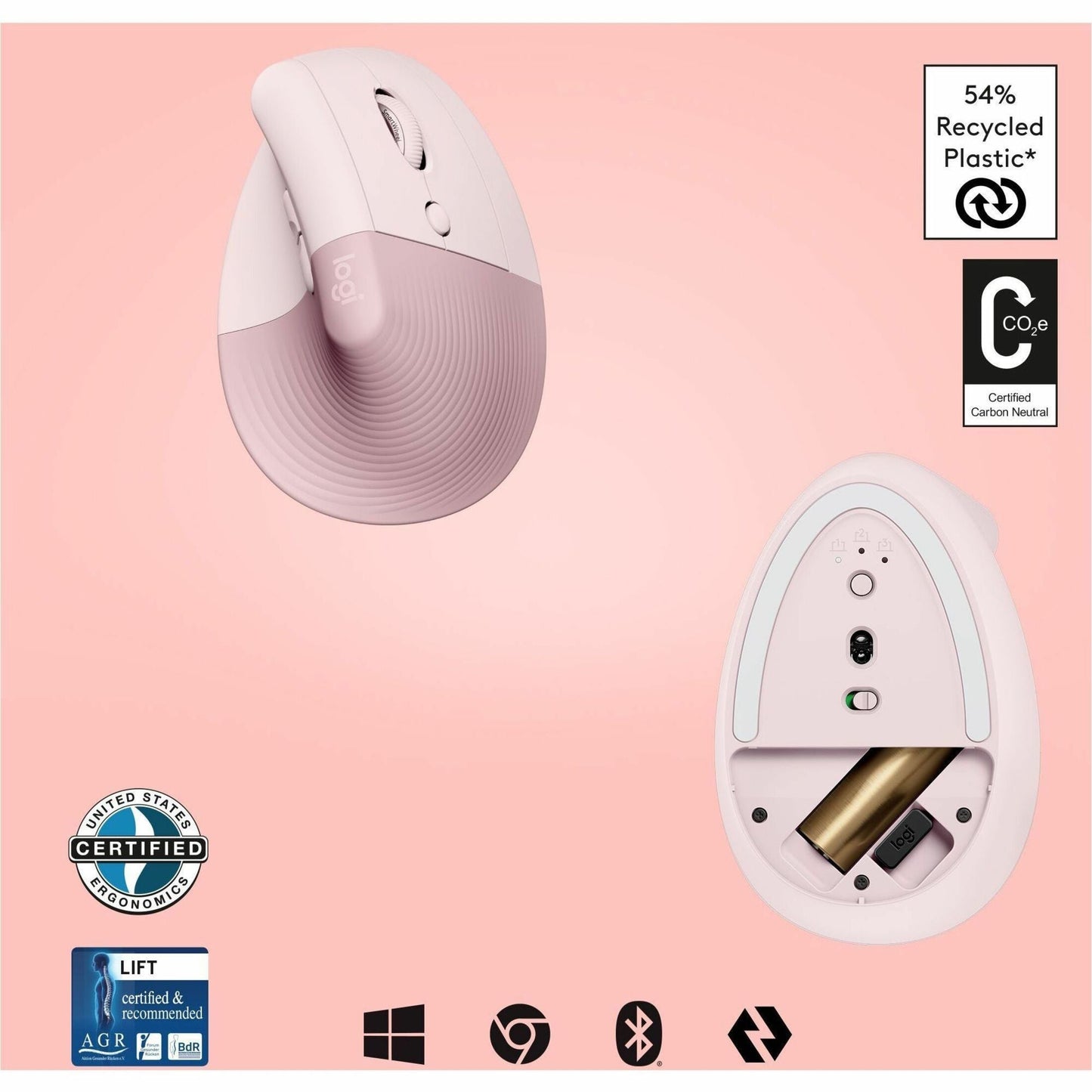 Logitech Lift Vertical Ergonomic Mouse (Rose)