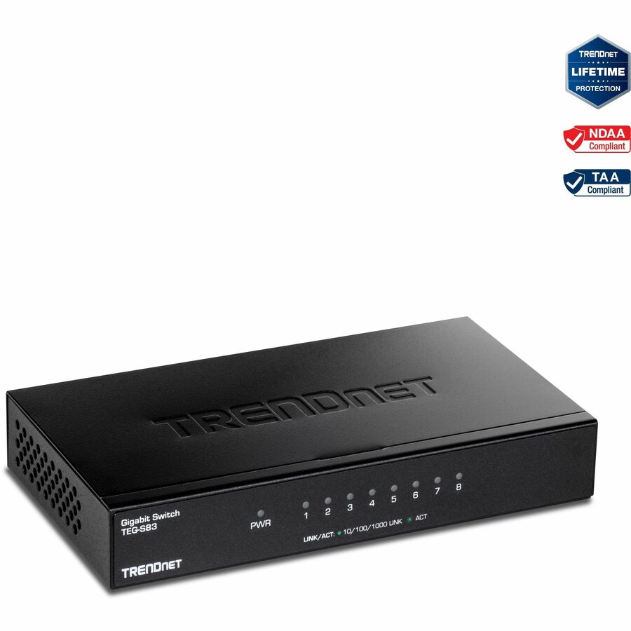 TRENDnet 8-Port Gigabit Desktop Switch TEG-S83 8 x Gigabit RJ-45 Ports 16Gbps Switching Capacity Fanless Design Metal Enclosure Lifetime Protection Black