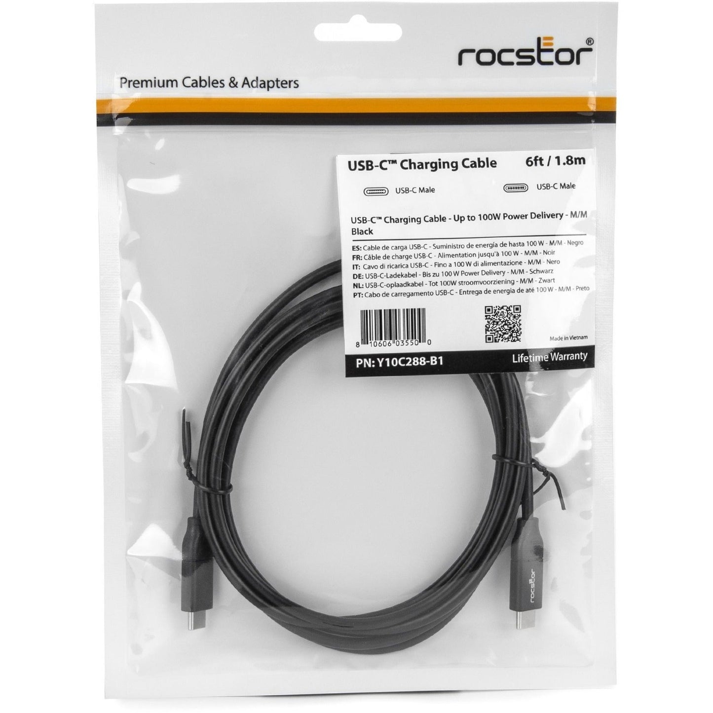 Rocstor Premium USB-C Charging Cable 2m 6ft - Up to 100W PD-M/M- Black