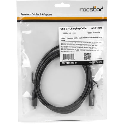 Rocstor Premium USB-C Charging Cable 2m 6ft - Up to 100W PD-M/M- Black