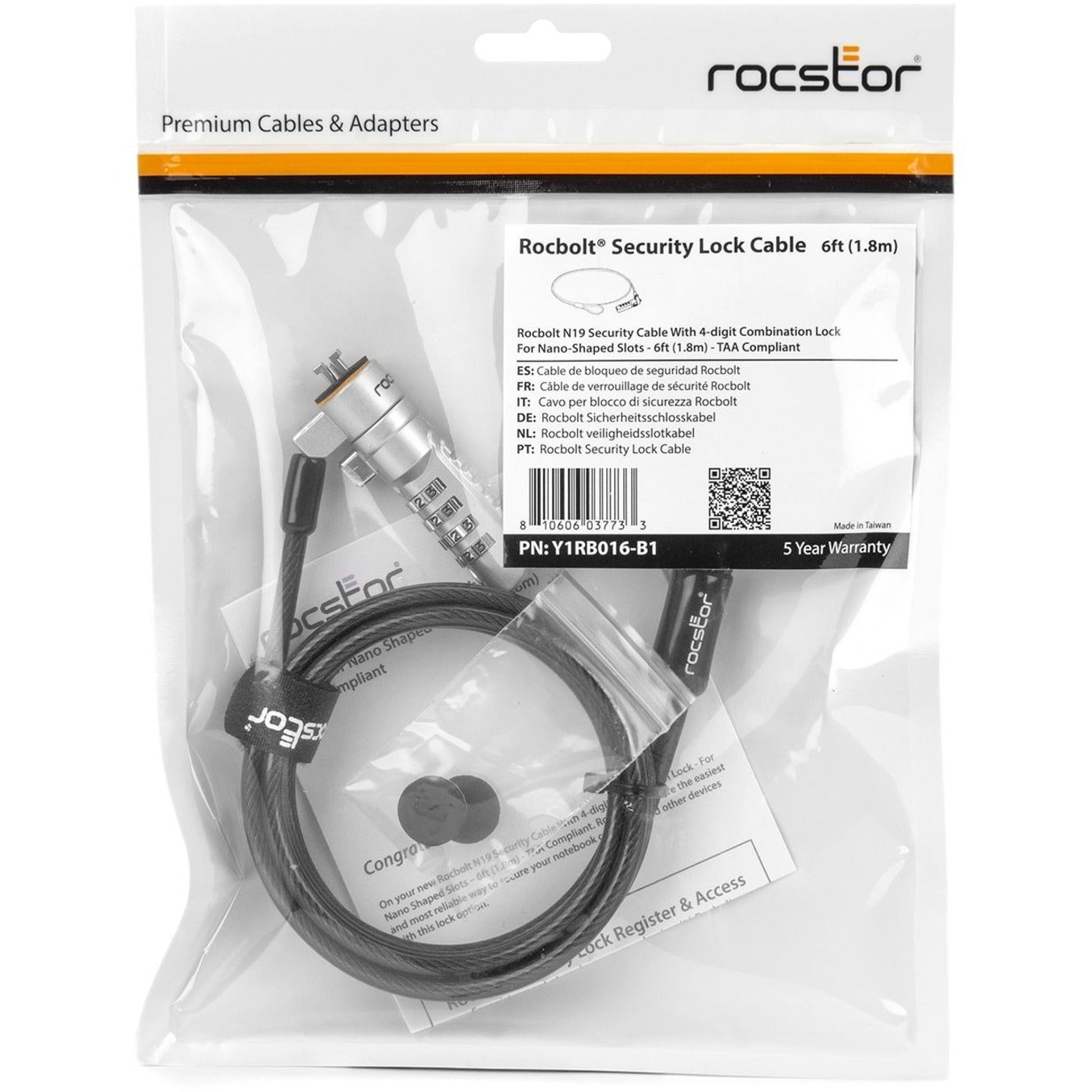 Rocstor Rocbolt N19 Security Cable 4-digit Combination Lock For Nano-Shaped Slots