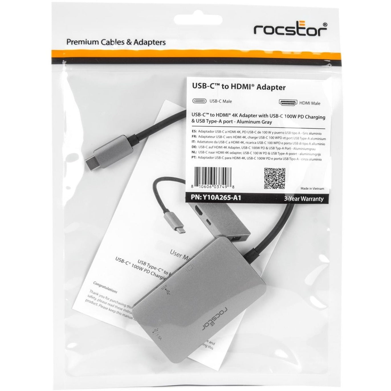 Rocstor Premium USB-C to HDMI 4K Adapter USB-C 100W PD Charging & USB Type-A port