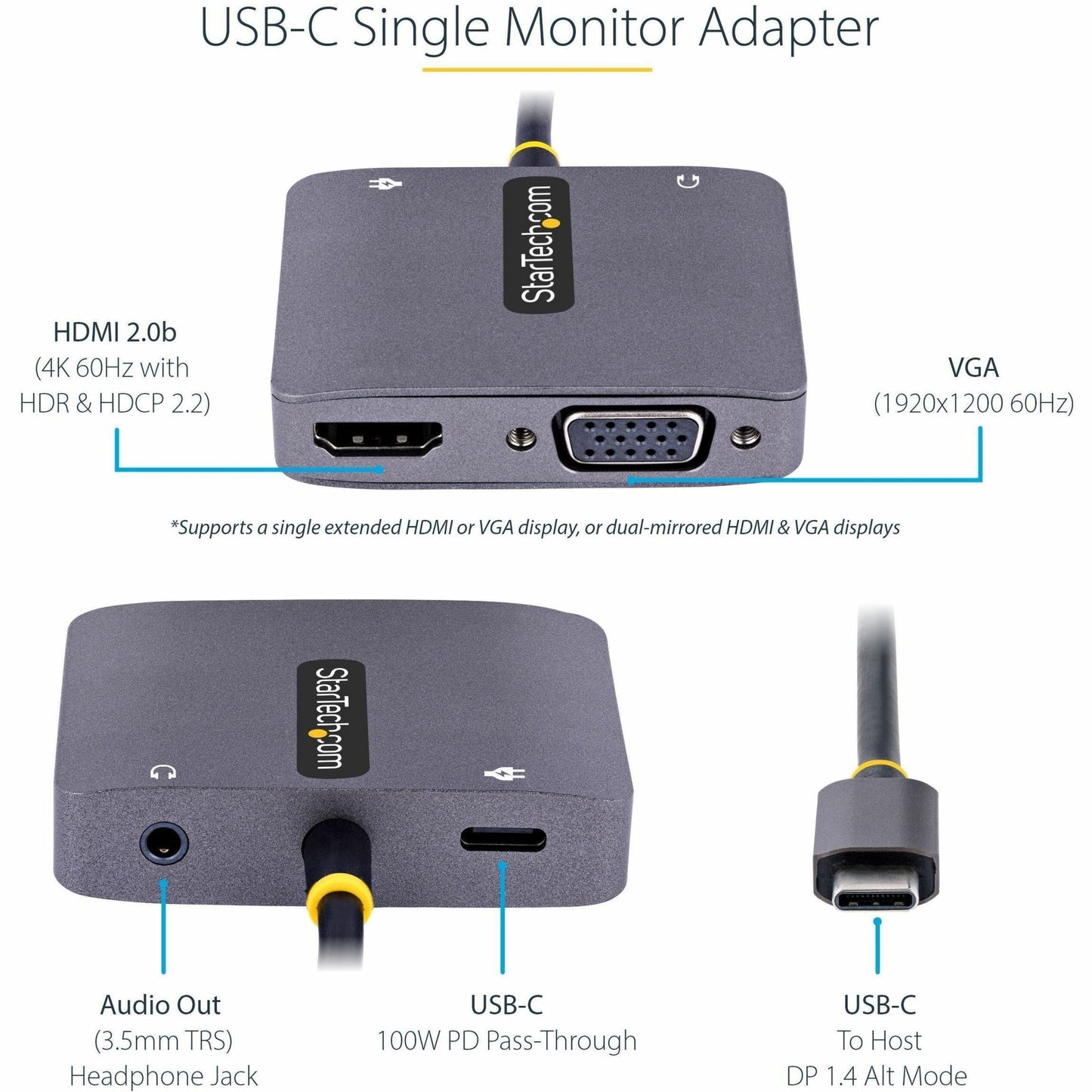 StarTech.com USB C Video Adapter USB C to HDMI VGA Multiport Adapter 3.5mm Audio 4K 60Hz HDR 100W PD 3.0 PT USB C Display Adapter