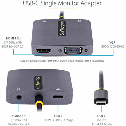 StarTech.com USB C Video Adapter USB C to HDMI VGA Multiport Adapter 3.5mm Audio 4K 60Hz HDR 100W PD 3.0 PT USB C Display Adapter