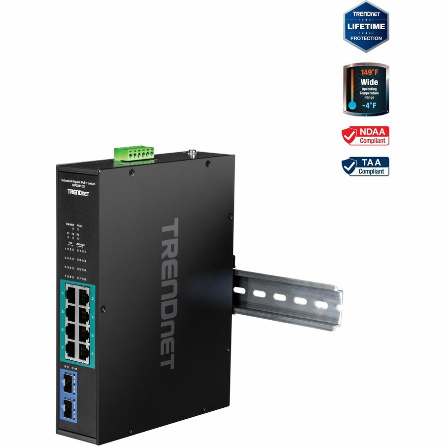 TRENDnet 10-Port Industrial Gigabit PoE+ Switch WideTemperature Range -20&deg; - 65&deg;C (-4&deg; - 149&deg;F) DIN Rail Switch 50-55V DC 8 x Gigabit PoE+ Ports 2 x Gigabit SFP Slots TI-PGM102 Black