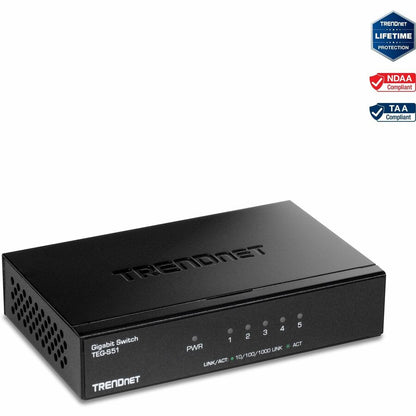 TRENDnet 5-Port Gigabit Desktop Switch TEG-S51 5 x Gigabit RJ-45 Ports 10Gbps Switching Capacity Fanless Design Metal Enclosure Lifetime Protection Black