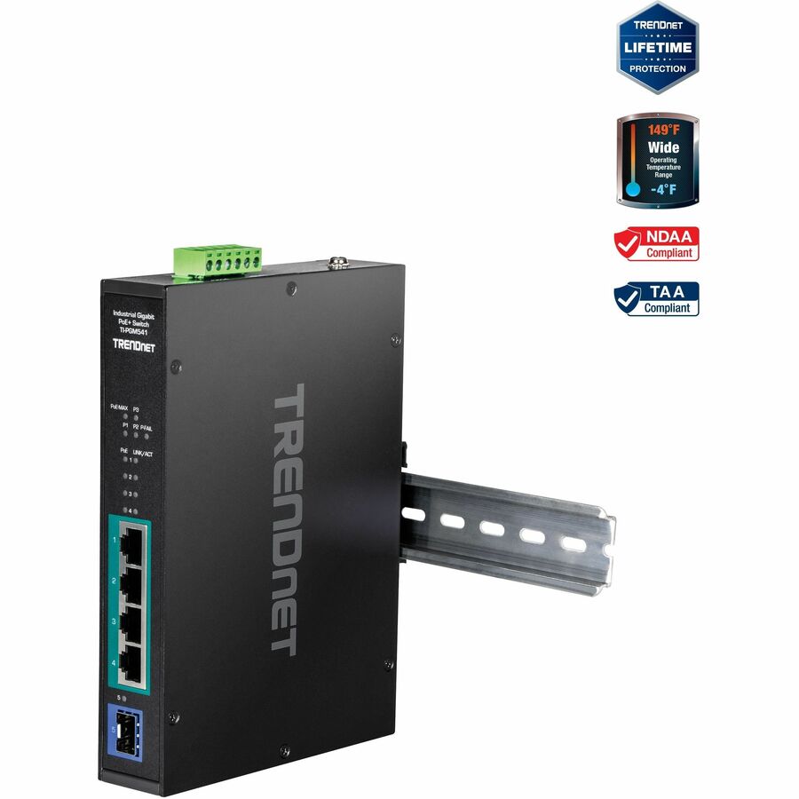 TRENDnet 5-Port Industrial Gigabit PoE+ Switch Wide Temperature Range -20&deg; - 65&deg;C (-4&deg; - 149&deg;F) DIN-Rail Switch 50-55V DC 4 x Gigabit PoE+ Ports 1 x Gigabit SFP Slot TI-PGM541 Black