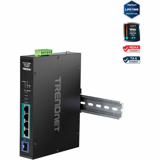 TRENDnet 5-Port Industrial Gigabit PoE+ Switch Wide Temperature Range -20&deg; - 65&deg;C (-4&deg; - 149&deg;F) DIN-Rail Switch 50-55V DC 4 x Gigabit PoE+ Ports 1 x Gigabit SFP Slot TI-PGM541 Black