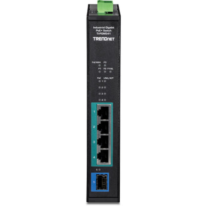 TRENDnet 5-Port Industrial Gigabit PoE+ Switch Wide Temperature Range -20&deg; - 65&deg;C (-4&deg; - 149&deg;F) DIN-Rail Switch 50-55V DC 4 x Gigabit PoE+ Ports 1 x Gigabit SFP Slot TI-PGM541 Black