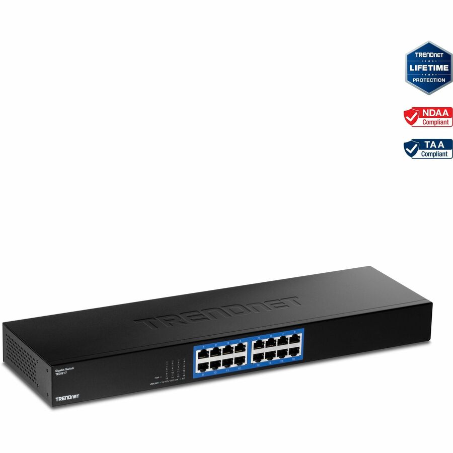 TRENDnet 16-Port Gigabit Switch TEG-S17 16 x Gigabit RJ-45 Ports 32Gbps Switching Capacity Fanless Design Metal Enclosure Internal Power Supply Lifetime Protection Black