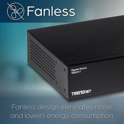 TRENDnet 16-Port Gigabit Switch TEG-S17 16 x Gigabit RJ-45 Ports 32Gbps Switching Capacity Fanless Design Metal Enclosure Internal Power Supply Lifetime Protection Black
