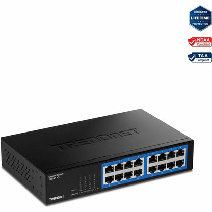 TRENDnet 16-Port Gigabit Desktop Switch TEG-S17D 16 x Gigabit RJ-45 Ports 32Gbps Switching Capacity Fanless Design Metal Enclosure Internal Power Supply Lifetime Protection Black