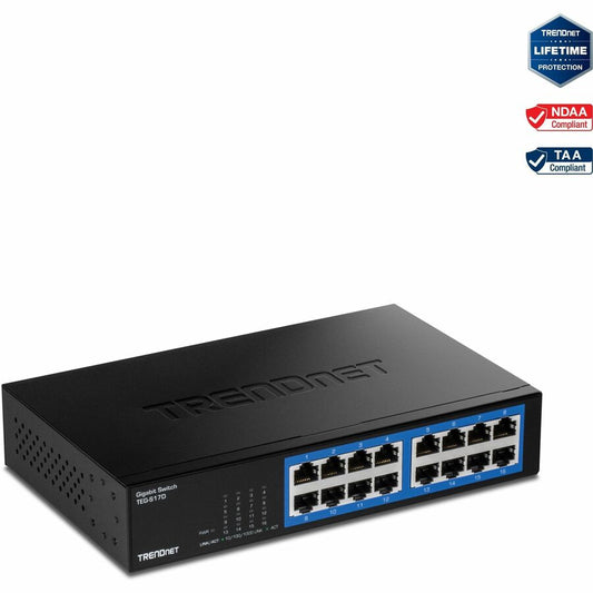 TRENDnet 16-Port Gigabit Desktop Switch TEG-S17D 16 x Gigabit RJ-45 Ports 32Gbps Switching Capacity Fanless Design Metal Enclosure Internal Power Supply Lifetime Protection Black