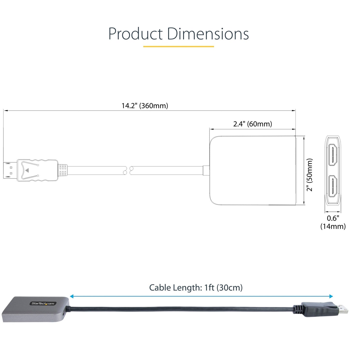 StarTech.com DP to Dual HDMI MST HUB Dual HDMI 4K 60Hz 2 Port DisplayPort Multi Monitor Adapter with 1ft/30cm Cable DP 1.4 | DSC | HBR3