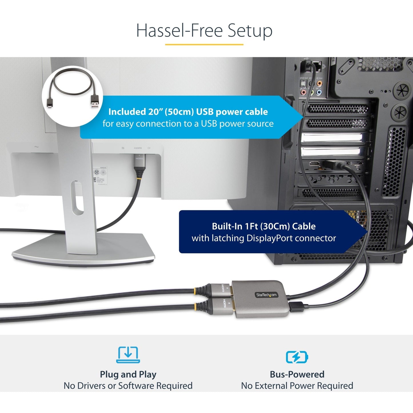 StarTech.com DP to Dual HDMI MST HUB Dual HDMI 4K 60Hz 2 Port DisplayPort Multi Monitor Adapter with 1ft/30cm Cable DP 1.4 | DSC | HBR3