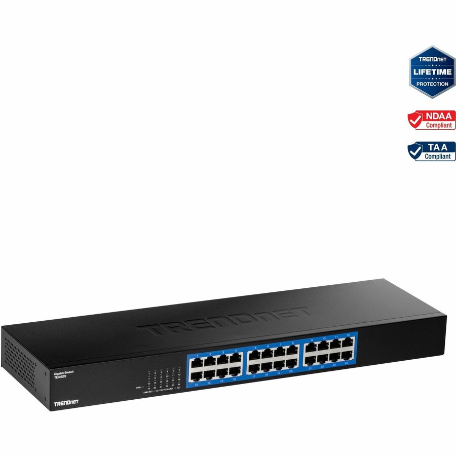 TRENDnet 24-Port Gigabit Switch TEG-S25 24 x Gigabit RJ-45 Ports 48Gbps Switching Capacity Fanless Design Metal Enclosure Internal Power Supply Lifetime Protection Black