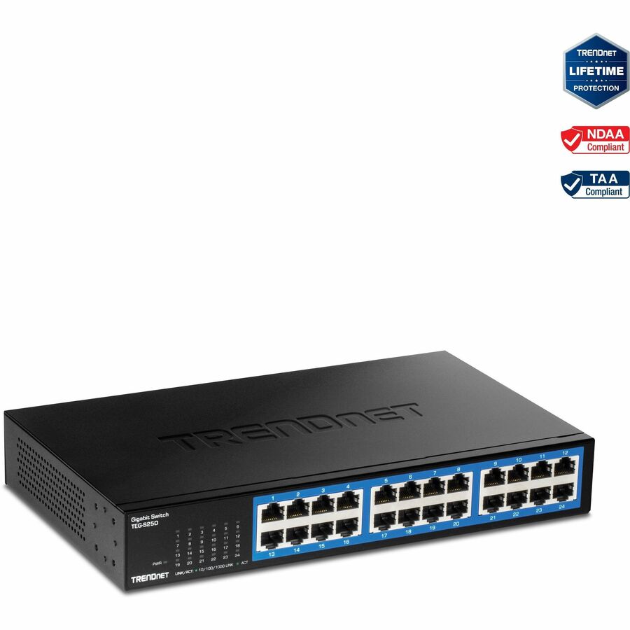 TRENDnet 24-Port Gigabit Switch TEG-S25 24 x Gigabit RJ-45 Ports 48Gbps Switching Capacity Fanless Design Metal Enclosure Internal Power Supply Lifetime Protection Black