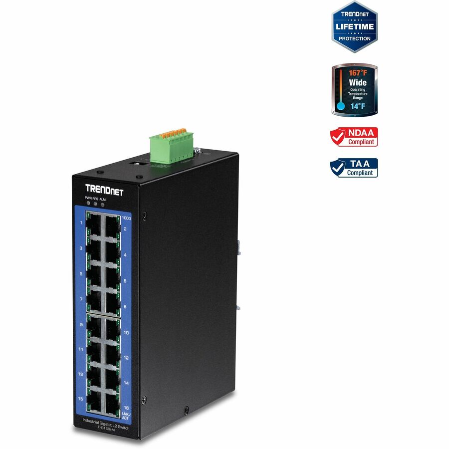 TRENDnet 16-Port Industrial Gigabit L2 Managed DIN Rail Switch 16 x Gigabit Ports Wide Temperature Layer 2 Switch 32 Gbps Switching Capacity Black TI-G160i-M