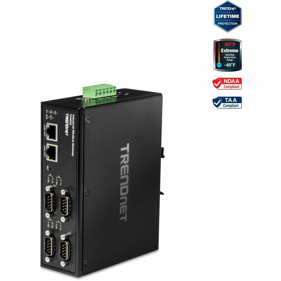 TRENDnet 4-Port Fast Ethernet Industrial Modbus Gateway 4 x Serial DB-9 Ports 2 x Fast Ethernet Ports Up to 100m (328 ft) IP30 Rated Housing Extreme Temperature Protection Black TI-M42