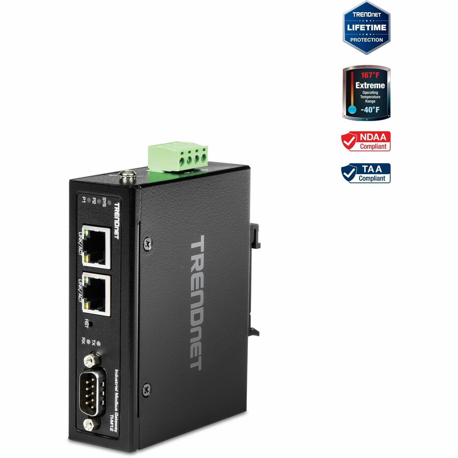 TRENDnet 1-Port Fast Ethernet Industrial Modbus Gateway 1 x Serial DB-9 Port 2 x Fast Ethernet Ports Up to 100m (328 ft) IP30 Rated Housing Extreme Temperature Protection Black TI-M12