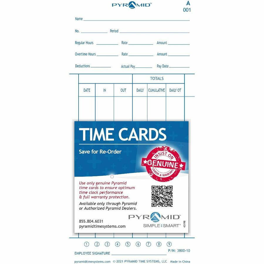 Pyramid Time Systems 3800-10 Time Cards 100/PK