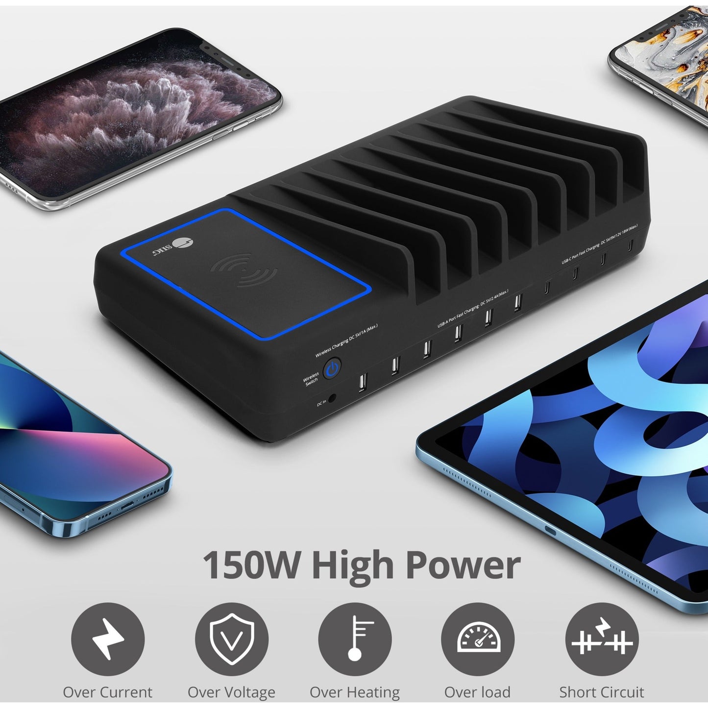 SIIG 10-Port USB-A/C & Wireless Charging Station - 150W