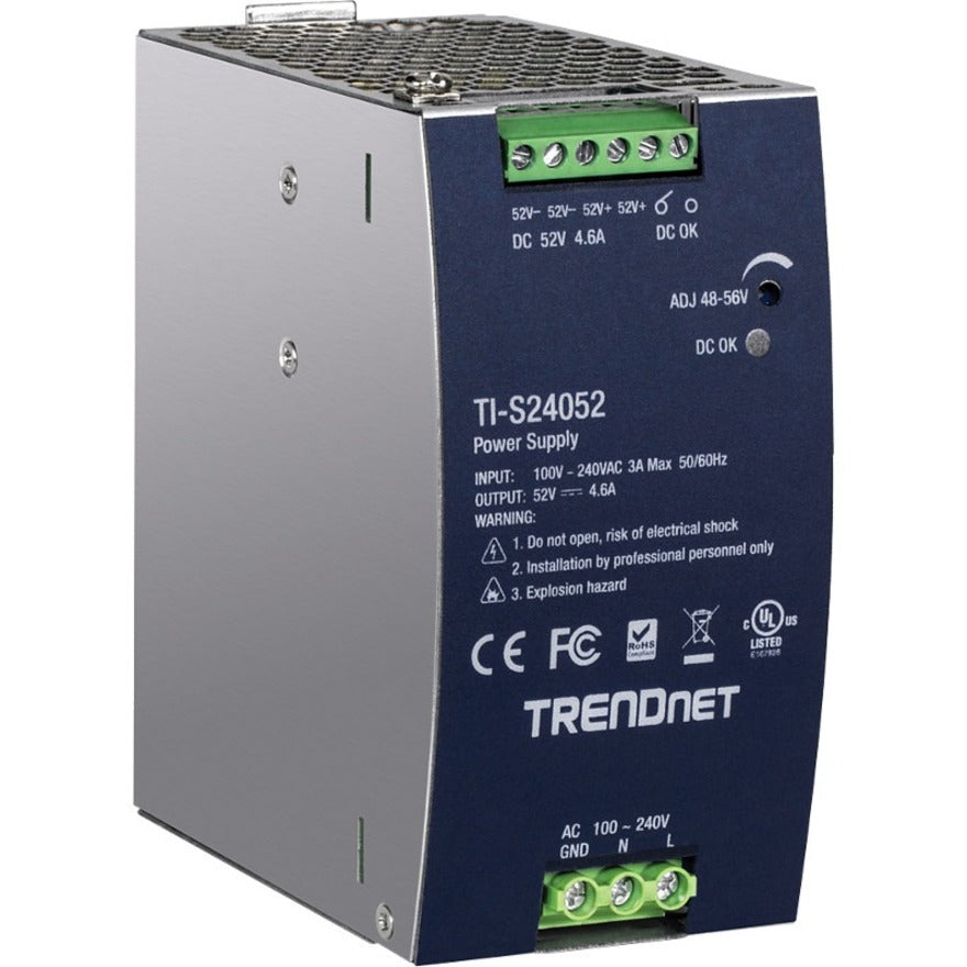 TRENDnet 240W 52V DC 4.61A AC to DC DIN-Rail Power Supply TI-S24052 Industrial Power Supply with Built-In Power Factor Controller Function Silver