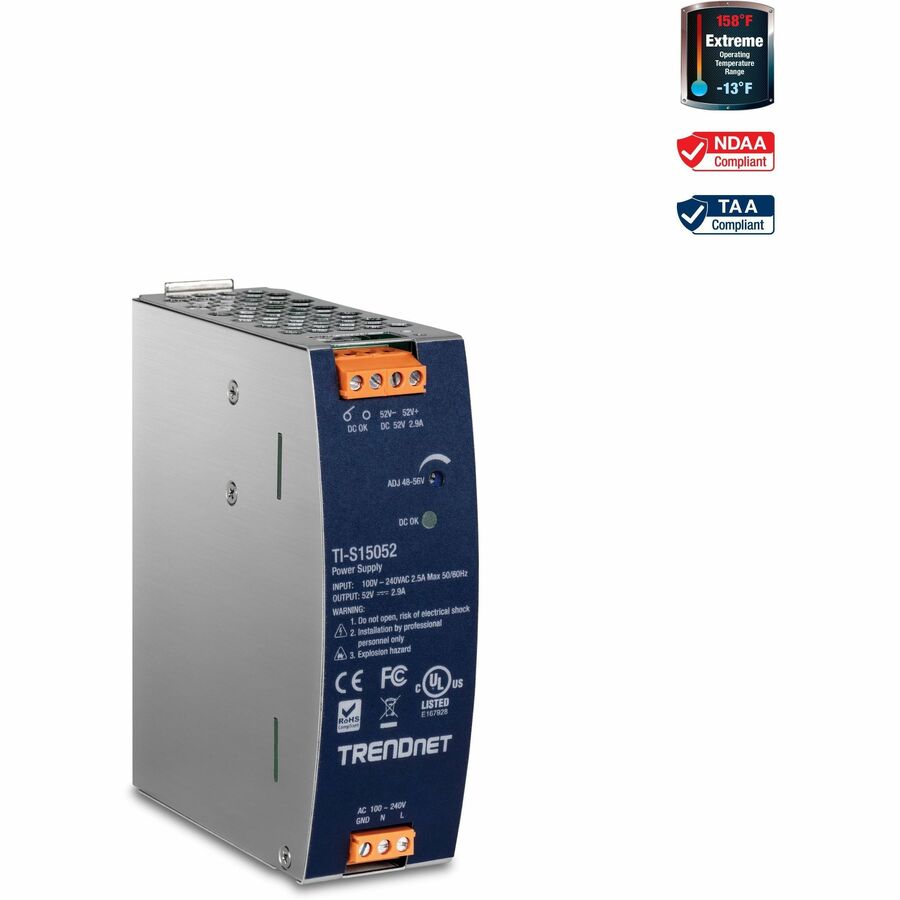 TRENDnet 150W 52V DC 2.89A AC to DC DIN-Rail Power Supply TI-S15052 Industrial Power Supply with Built-In Power Factor Controller Function Silver