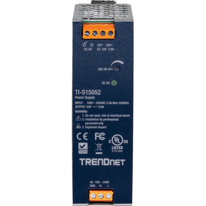 TRENDnet 150W 52V DC 2.89A AC to DC DIN-Rail Power Supply TI-S15052 Industrial Power Supply with Built-In Power Factor Controller Function Silver