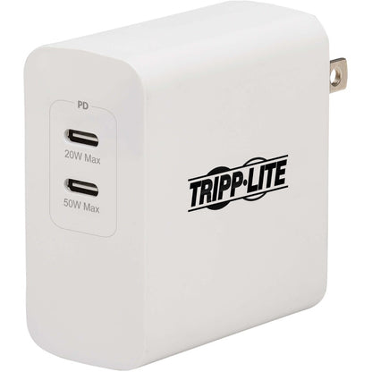 Tripp Lite Dual-Port Compact USB-C Wall Charger - GaN Technology 70W PD Charging (50W+20W or 65W Max) White