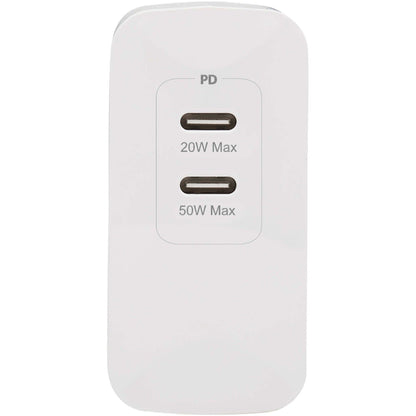 Tripp Lite Dual-Port Compact USB-C Wall Charger - GaN Technology 70W PD Charging (50W+20W or 65W Max) White