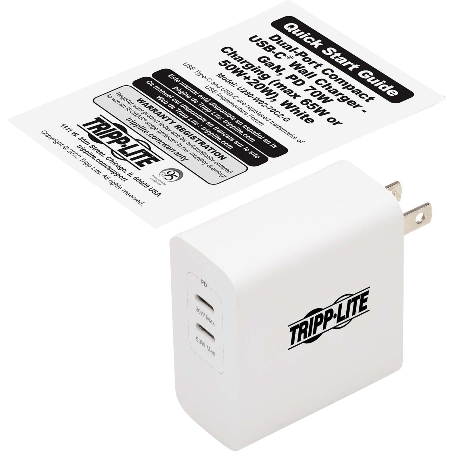 Tripp Lite Dual-Port Compact USB-C Wall Charger - GaN Technology 70W PD Charging (50W+20W or 65W Max) White