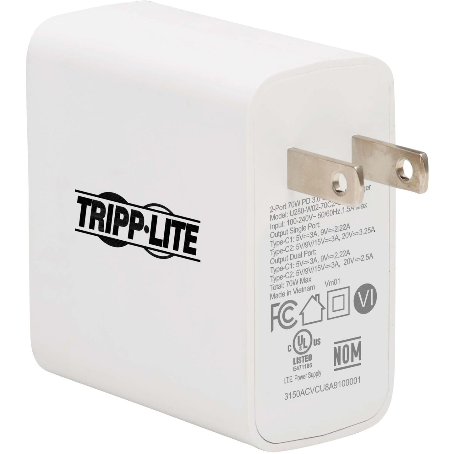 Tripp Lite Dual-Port Compact USB-C Wall Charger - GaN Technology 70W PD Charging (50W+20W or 65W Max) White