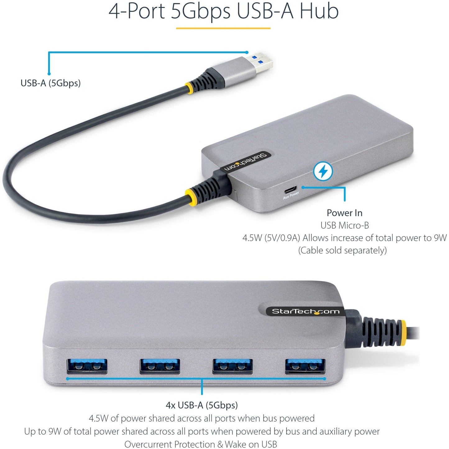 StarTech.com 4-Port USB Hub USB 3.0 5Gbps Bus Powered USB-A to 4xA w/ Optional Auxiliary Power Portable Laptop USB Hub 1ft/30cm Cable