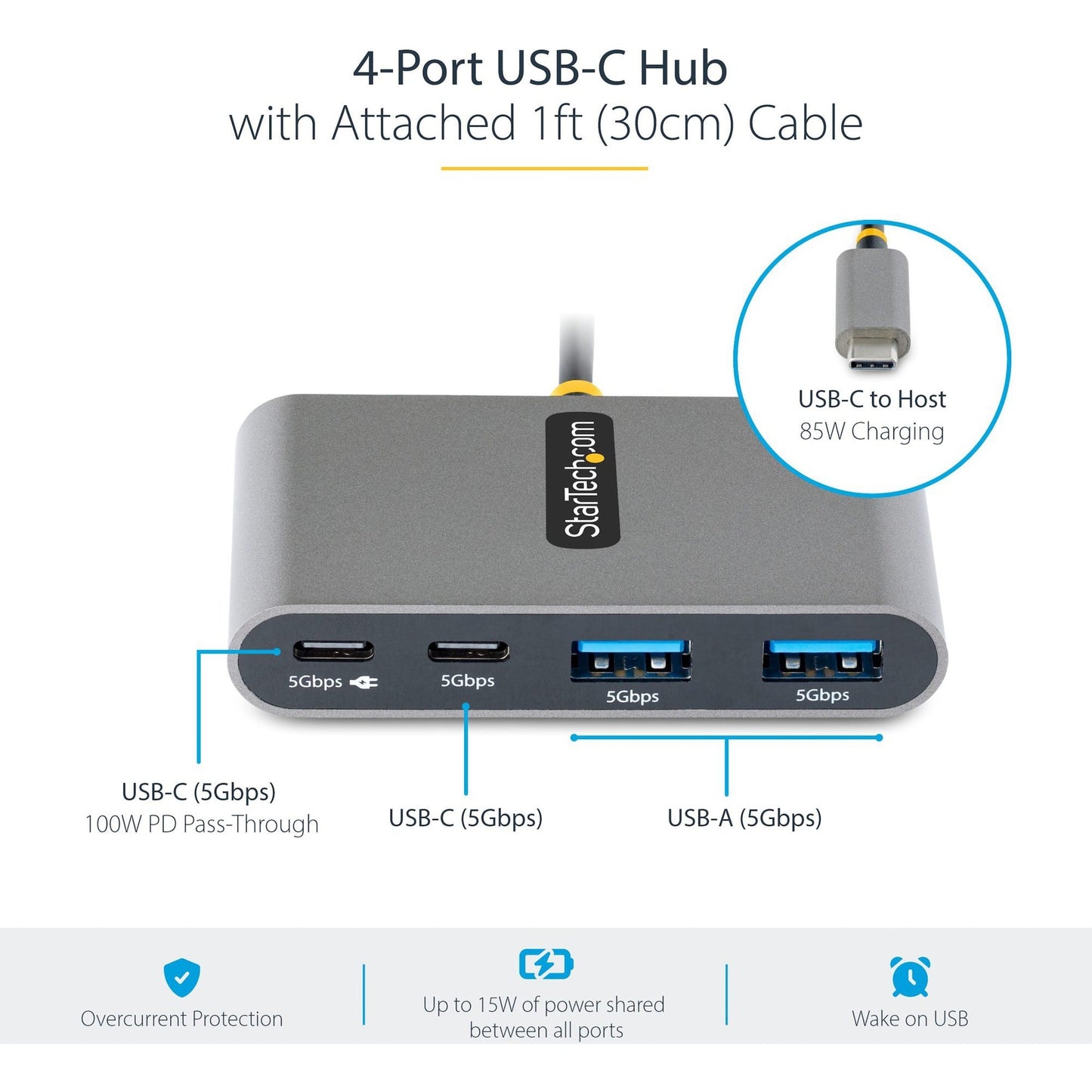 StarTech.com 4-Port USB-C Hub with 100W Power Delivery Pass-Through 2x USB-A + 2x USB-C 5Gbps 1ft/30cm Long Cable Portable USB 3.0 Hub