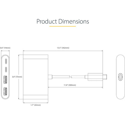 StarTech.com 4-Port USB-C Hub with 100W Power Delivery Pass-Through 2x USB-A + 2x USB-C 5Gbps 1ft/30cm Long Cable Portable USB 3.0 Hub