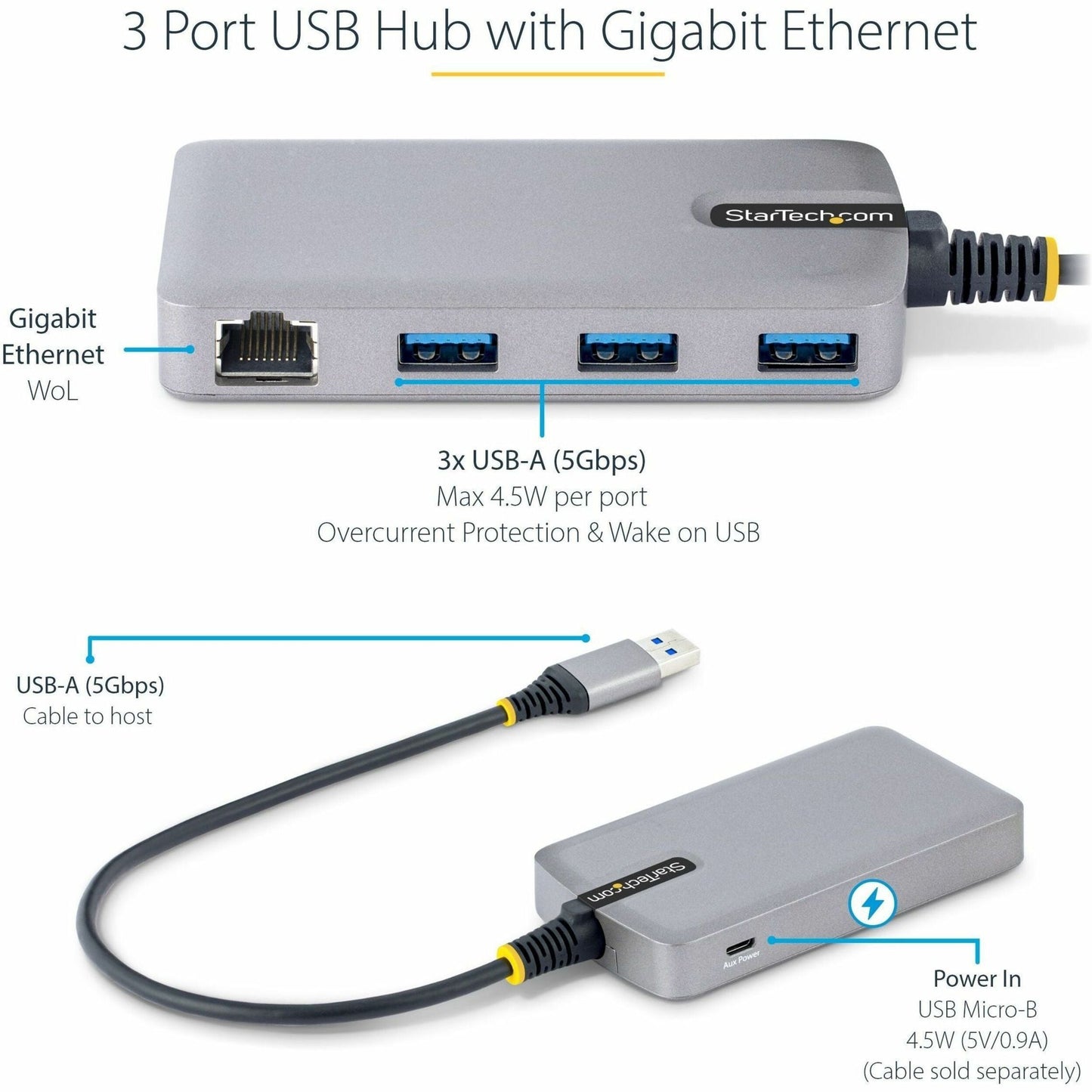 StarTech.com 3-Port USB Hub with Ethernet USB-A Ports Gigabit Ethernet/GbE 5Gbps Bus-Powered 1ft/30cm Cable Portable Laptop USB Hub