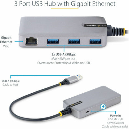 StarTech.com 3-Port USB Hub with Ethernet USB-A Ports Gigabit Ethernet/GbE 5Gbps Bus-Powered 1ft/30cm Cable Portable Laptop USB Hub