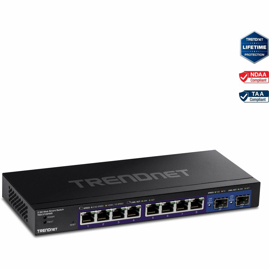 TRENDnet 10-Port Multi-Gig Web Smart Switch 8 x 2.5GBASE-T Ports 2 x 10G SFP+ Slots Metal Housing Managed Network Ethernet Switch Lifetime Protection Black TEG-3102WS