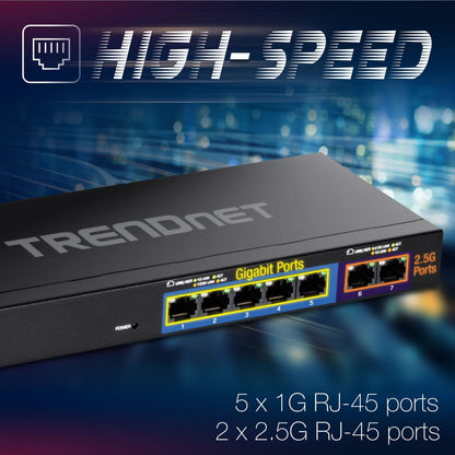 TRENDnet 7-Port Multi-Gig Switch 5 x 1G RJ-45 Base-T Ports 2 x 2.5G RJ-45 Ports 20Gbps Switching Capacity Wall Mountable Plug & Play Network Ethernet Switch Lifetime Protection BlackTEG-S327
