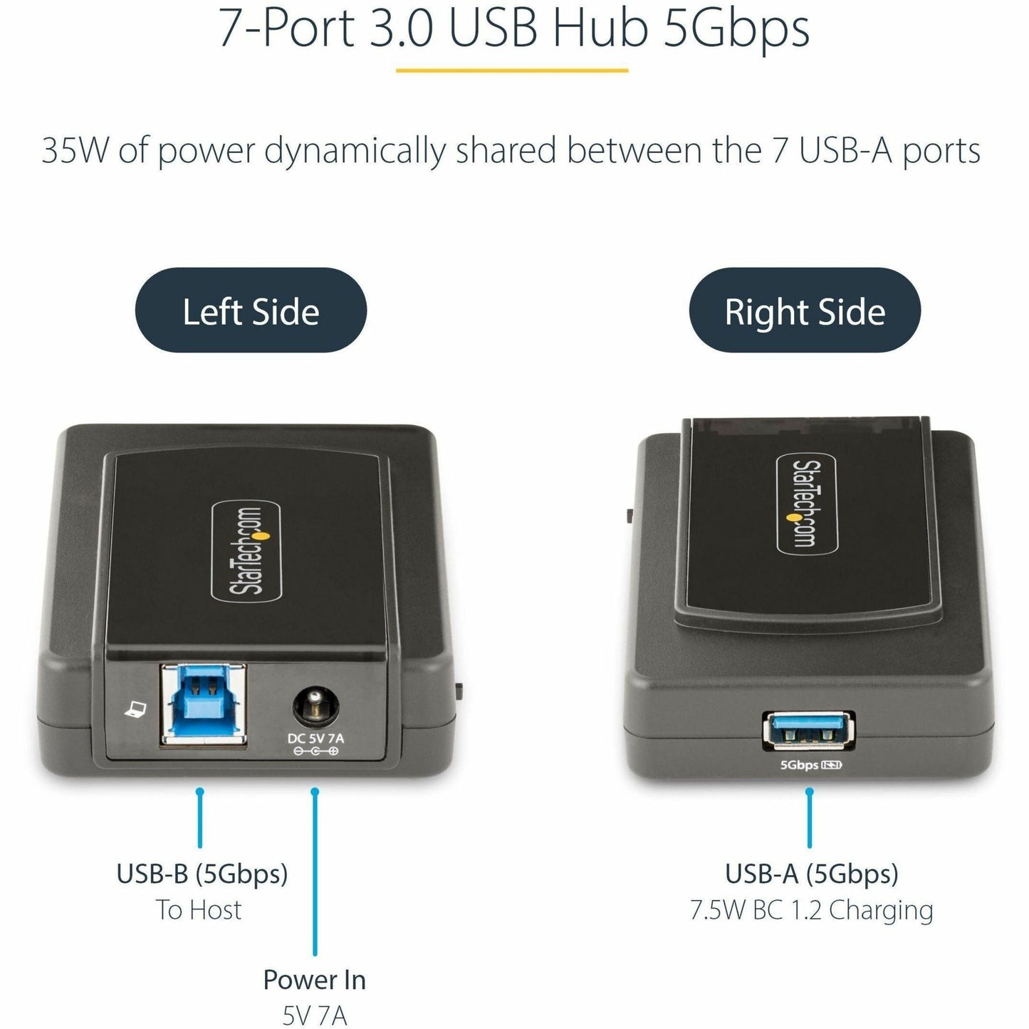 StarTech.com 7-Port USB Hub USB 3.0 5Gbps USB-A to 7x USB-A Self Powered USB-A Expansion Hub w/ 35W Power Supply