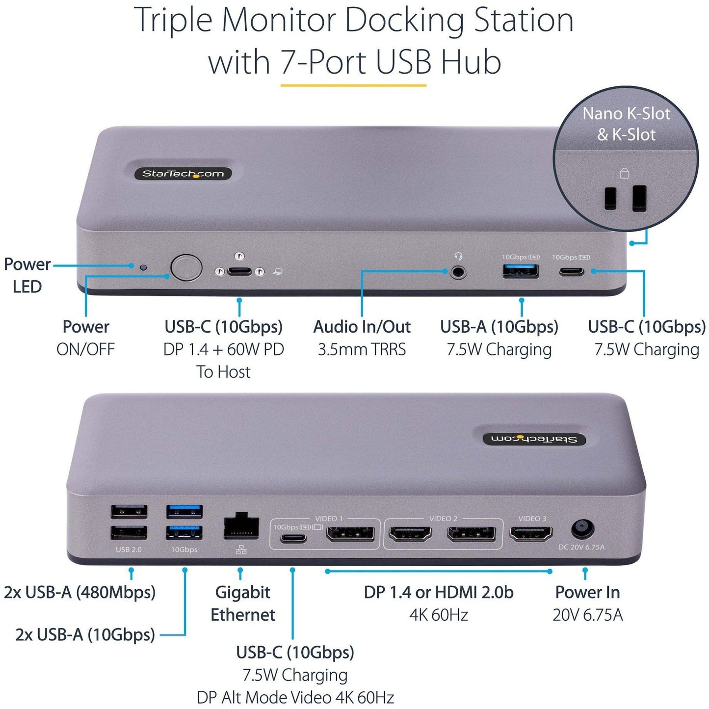 StarTech.com USB-C Docking Station HDMI/DP/DP Alt Mode USB-C Dock Triple/Dual 4K 7x USB Hub 60W PD GbE WWCB Certified