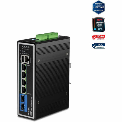 TRENDnet 6-Port Industrial Gigabit L2+ Managed PoE++ DIN Rail Switch 4 x Gigabit PoE++ Ports DIN-Rail Mount 2 x SFP Slots IP30 VLAN QoS LACP Bandwidth Management ERPS Black TI-BG62i