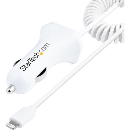 StarTech.com Lightning Car Charger with Coiled Cable 1m Built-in Cable 12W White 2 Port USB Car Charger Adapter In Car iPhone Charger