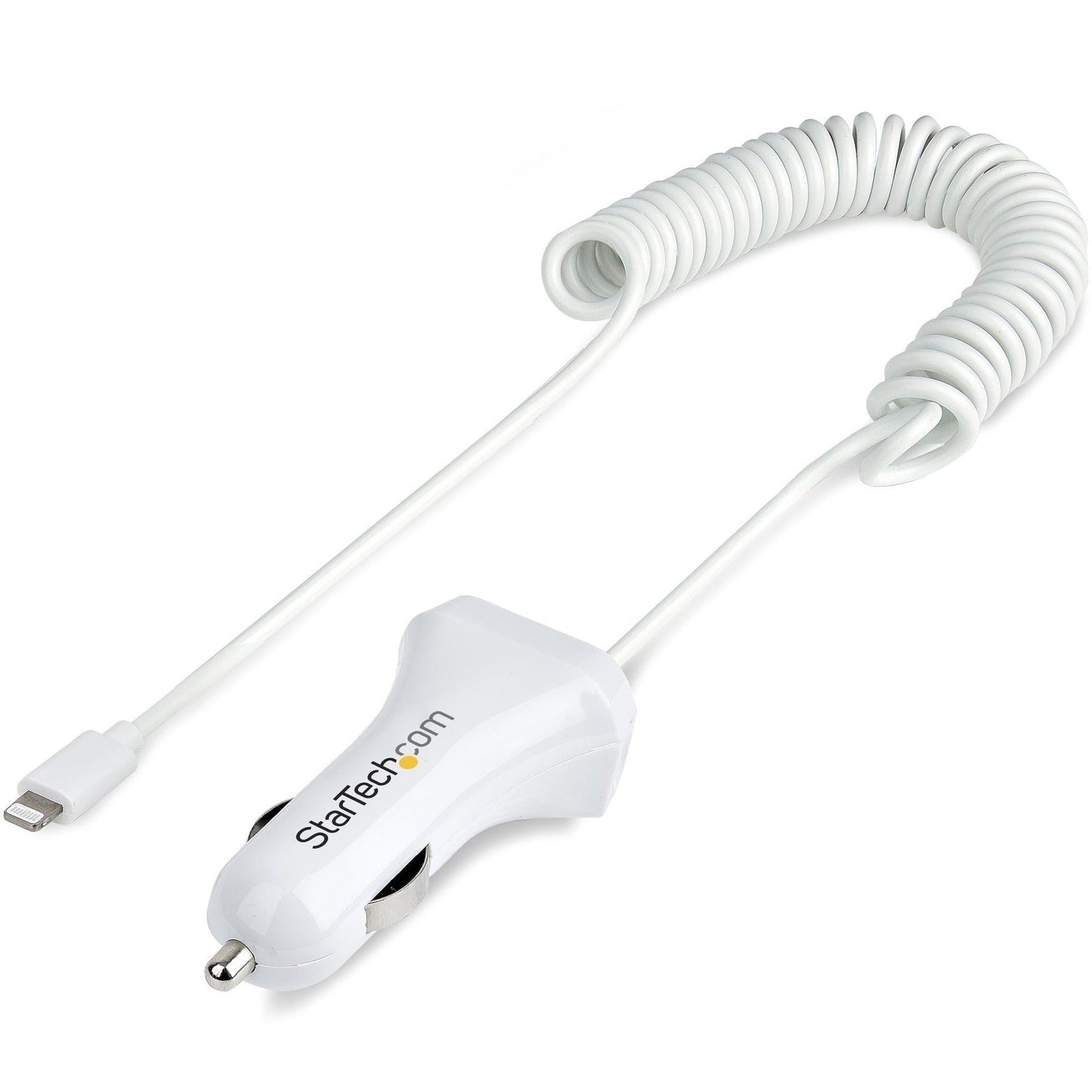 StarTech.com Lightning Car Charger with Coiled Cable 1m Built-in Cable 12W White 2 Port USB Car Charger Adapter In Car iPhone Charger