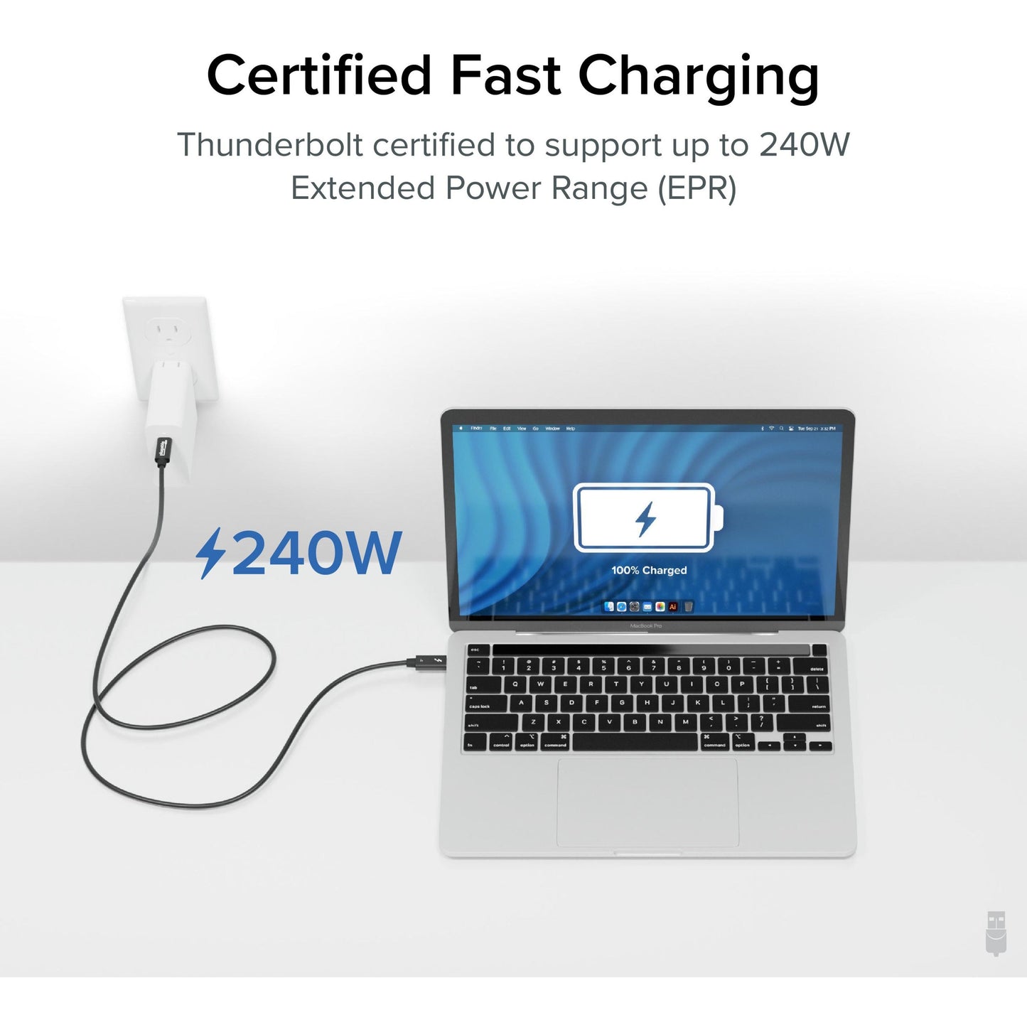 Plugable Thunderbolt 4 Cable with 240W Charging Thunderbolt Certified 3.3 Feet (1M)1x 8K Display 40 Gbps