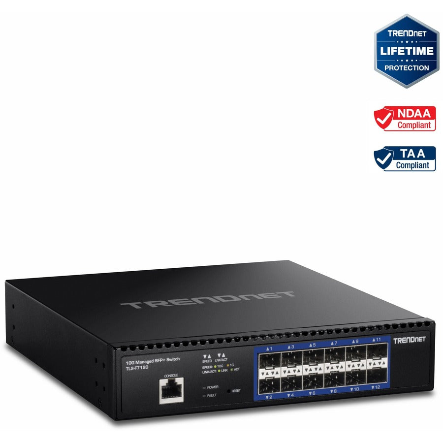 TRENDnet 12-Port 10G Layer 2 Managed SFP+ Switch TL2-F7120 12 x 10G SFP+ Ports 240Gbps Switching Capacity Supports 10GBASE-X / 1000BASE-FX SFP Fiber Modules Lifetime Protection Black