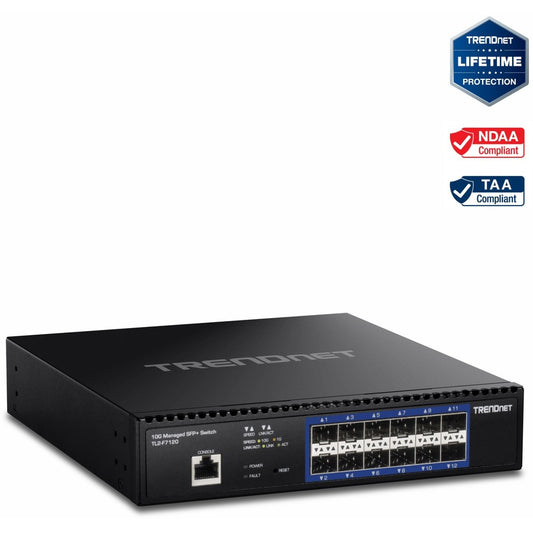 TRENDnet 12-Port 10G Layer 2 Managed SFP+ Switch TL2-F7120 12 x 10G SFP+ Ports 240Gbps Switching Capacity Supports 10GBASE-X / 1000BASE-FX SFP Fiber Modules Lifetime Protection Black