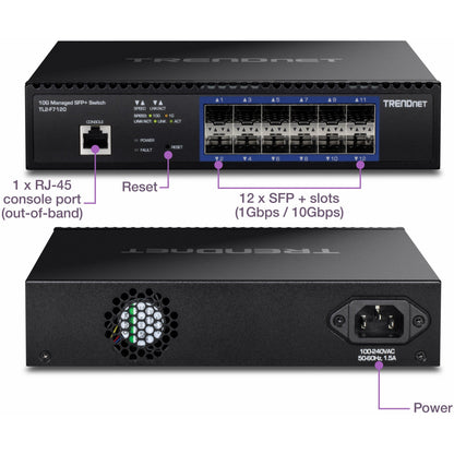 TRENDnet 12-Port 10G Layer 2 Managed SFP+ Switch TL2-F7120 12 x 10G SFP+ Ports 240Gbps Switching Capacity Supports 10GBASE-X / 1000BASE-FX SFP Fiber Modules Lifetime Protection Black