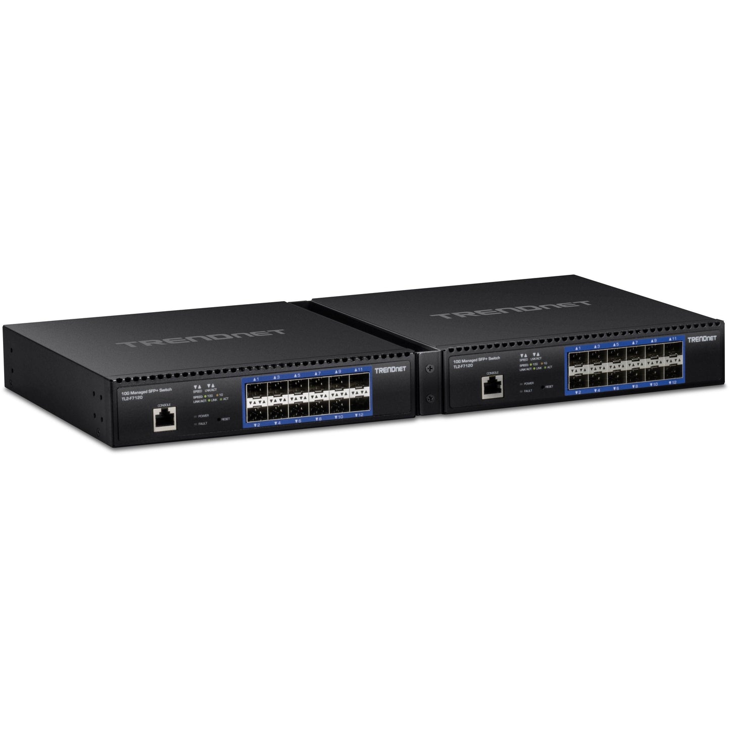 TRENDnet 12-Port 10G Layer 2 Managed SFP+ Switch TL2-F7120 12 x 10G SFP+ Ports 240Gbps Switching Capacity Supports 10GBASE-X / 1000BASE-FX SFP Fiber Modules Lifetime Protection Black